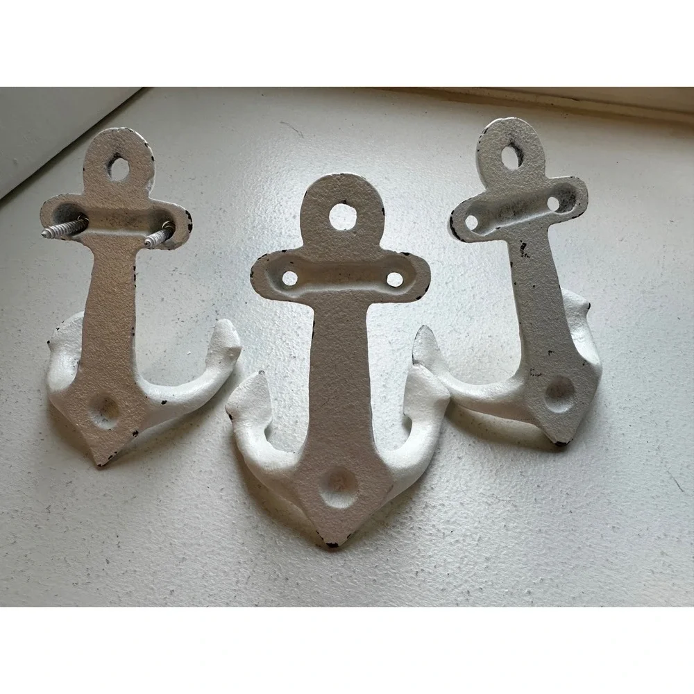 Set of 3 White Cast Iron Anchor Wall Hooks Nautical Coastal Maritime Decor